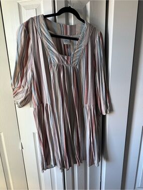 Striped Peasant Tunic Dress in Dusty Pink and Blue